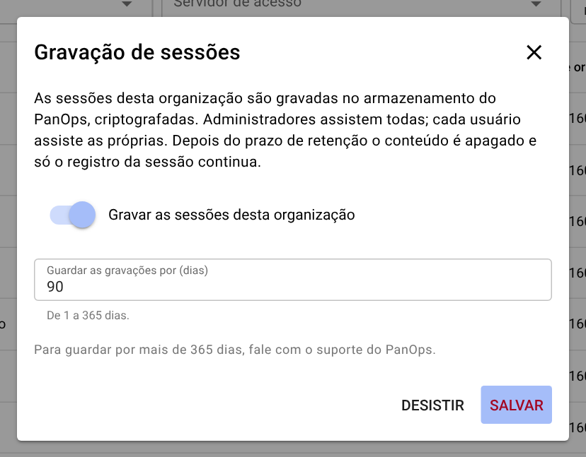 Configuração da gravação de sessões