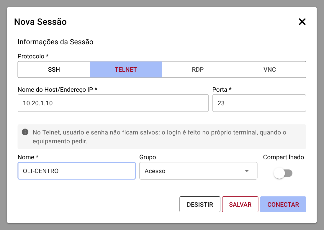 Formulário de nova sessão Telnet