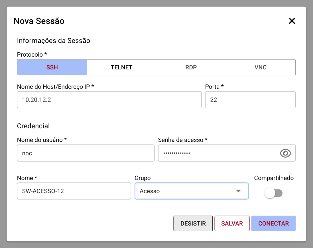 Formulário de nova sessão SSH