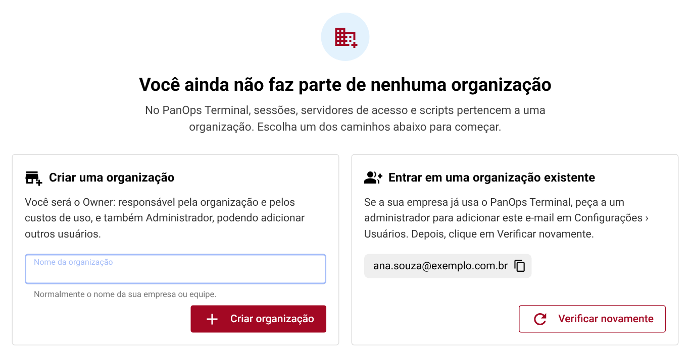 Tela para criar ou entrar em uma organização