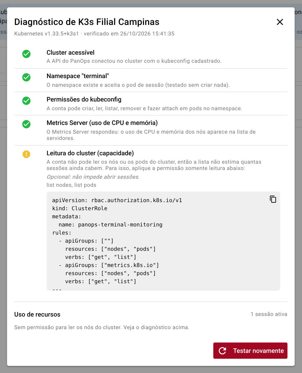 Diagnóstico com aviso de permissão opcional