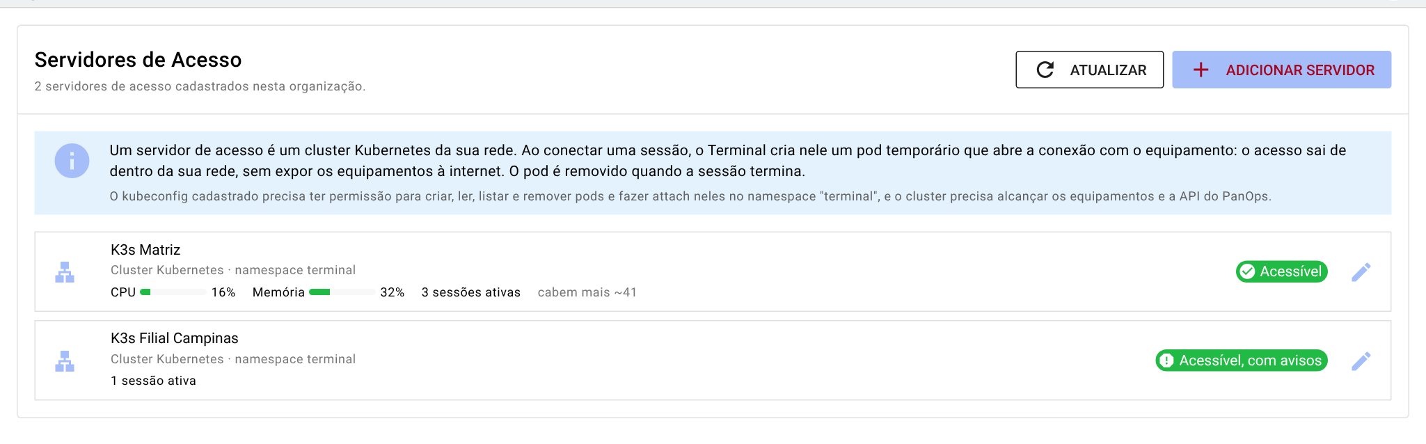 Lista de servidores de acesso